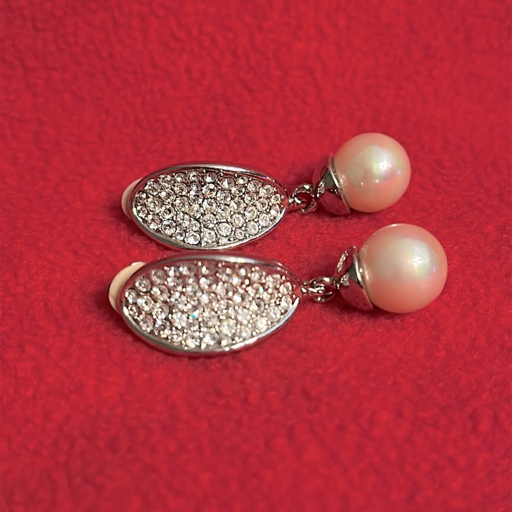 Elegant and Sparkle Pave Crystal and Faux Pearl Silver Clip On Drop Earrings - Picture 4 of 6